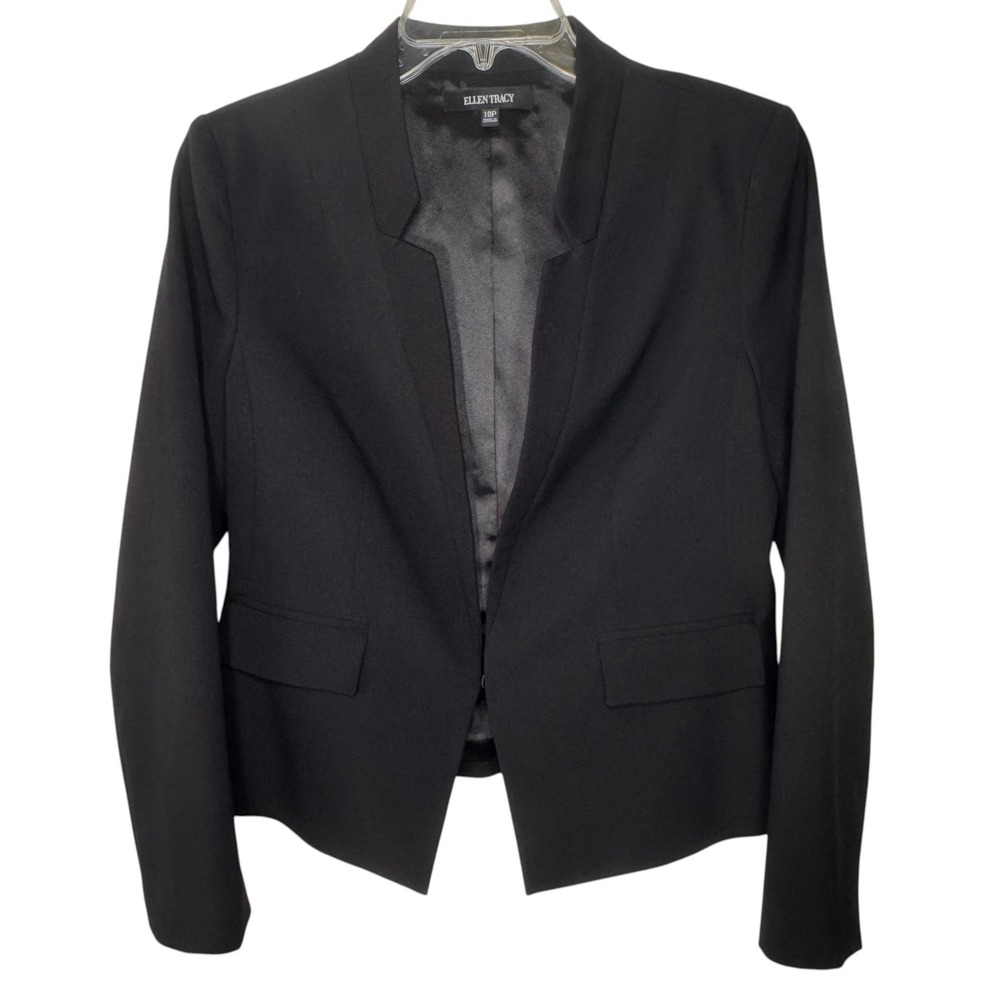 Ellen Tracy Black Inverted Rever Jacket Womens 10P Blazer Notched Neckline Chic